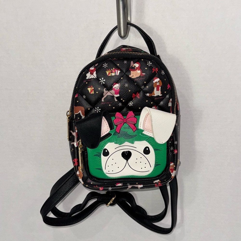 Betsey Johnson Christmas French Bulldog Mini Backpack Purse and ID Wallet